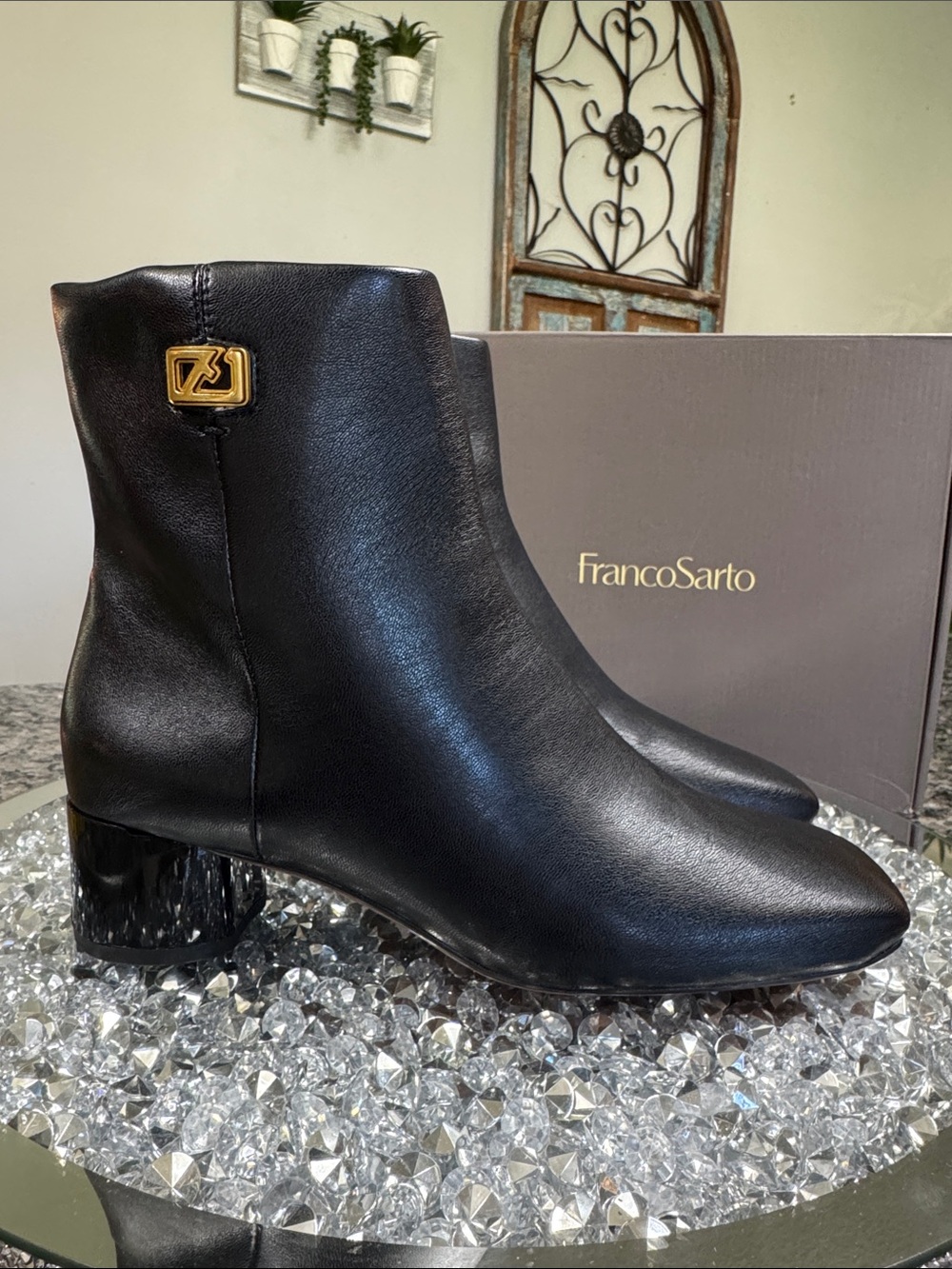 Franco Sarto Black Gold-Accent smooth Ankle Boots NEW 6.5